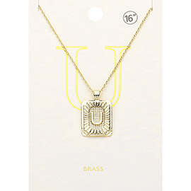 -U- Brass Metal Rectangle Monogram Pendant Necklace